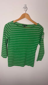 Lauren by Ralph Lauren 3/4 Sleeve Green Striped Top with Embroidered Logo