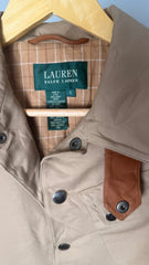 Lauren by Ralph Lauren Denim Camel Jacket with 100% Leather Cognac Cuffs