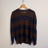 Tommy Hilfiger Brown and Blue Striped 100% Cotton V-Neck Jumper