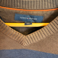 Tommy Hilfiger Brown and Blue Striped 100% Cotton V-Neck Jumper