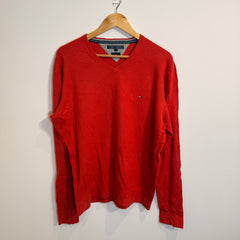 Tommy Hilfiger Bright Red Cotton-Linen Blend V-Neck Jumper