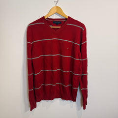 Tommy Hilfiger Red and Grey Striped 100% Cotton V-Neck Jumper