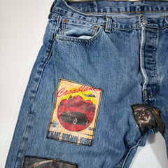 Levi's Vintage Blue Denim Jeans with Vintage Car-Themed Patches