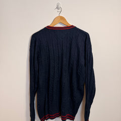 Tommy Hilfiger Knitted Quilted Pattern Navy Jumper with Red Border