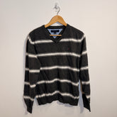 Tommy Hilfiger Dark Grey and White Striped V-Neck Jumper