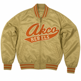 Akoo Brand Rebels Varsity Jacket Tan Orange Patch Bomber