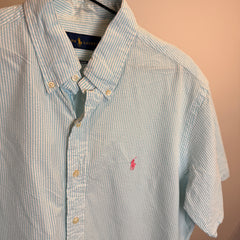 Ralph Lauren Men’s Blue and White Stripe Oxford Short Sleeve Shirt – P673