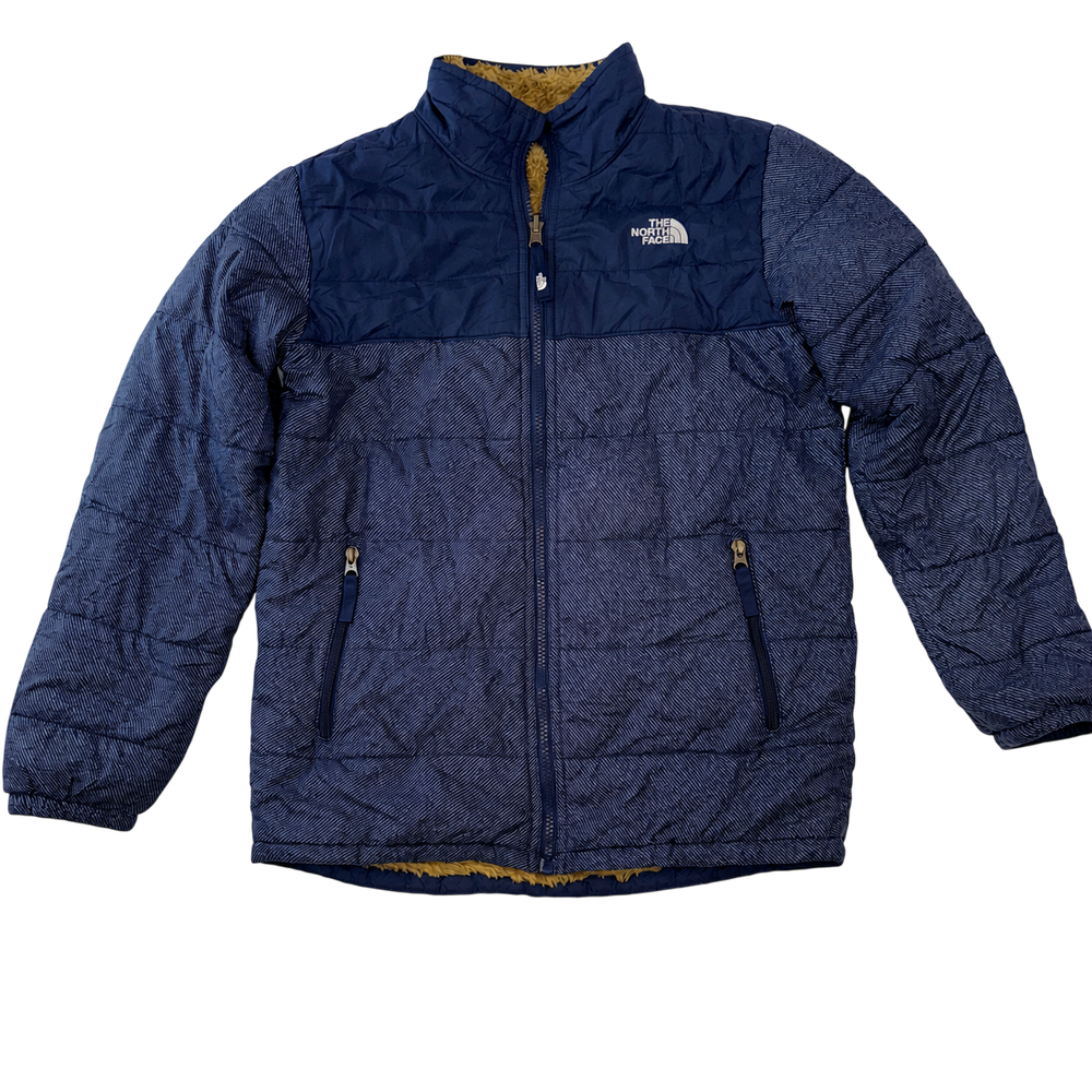 The North Face Reversible Sherpa Fleece Puffer Jacket Boys LG 14/16 Navy Brown Winter Coat