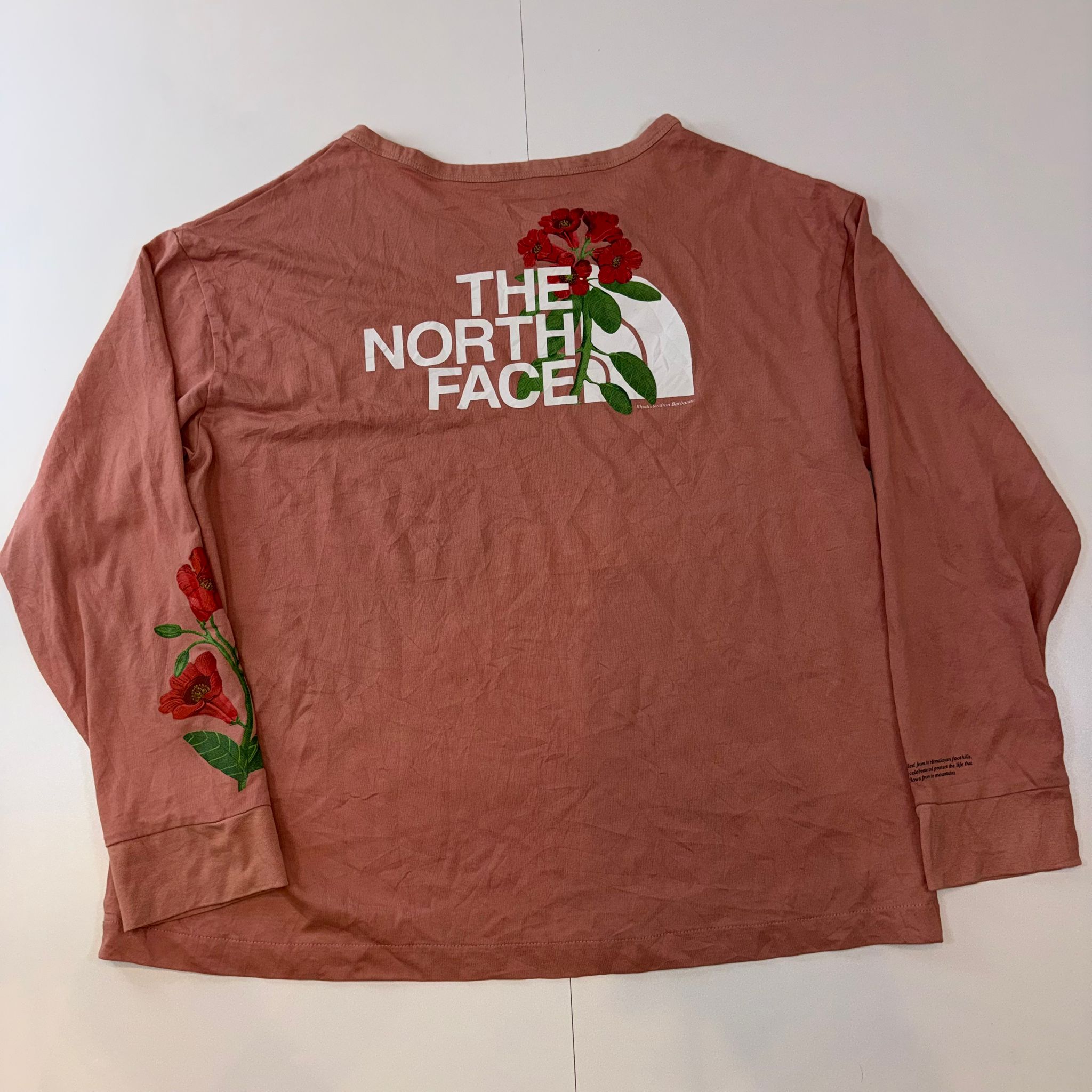 The North Face Floral Logo Long Sleeve T-Shirt Women's L Pink Rhododendron Graphic