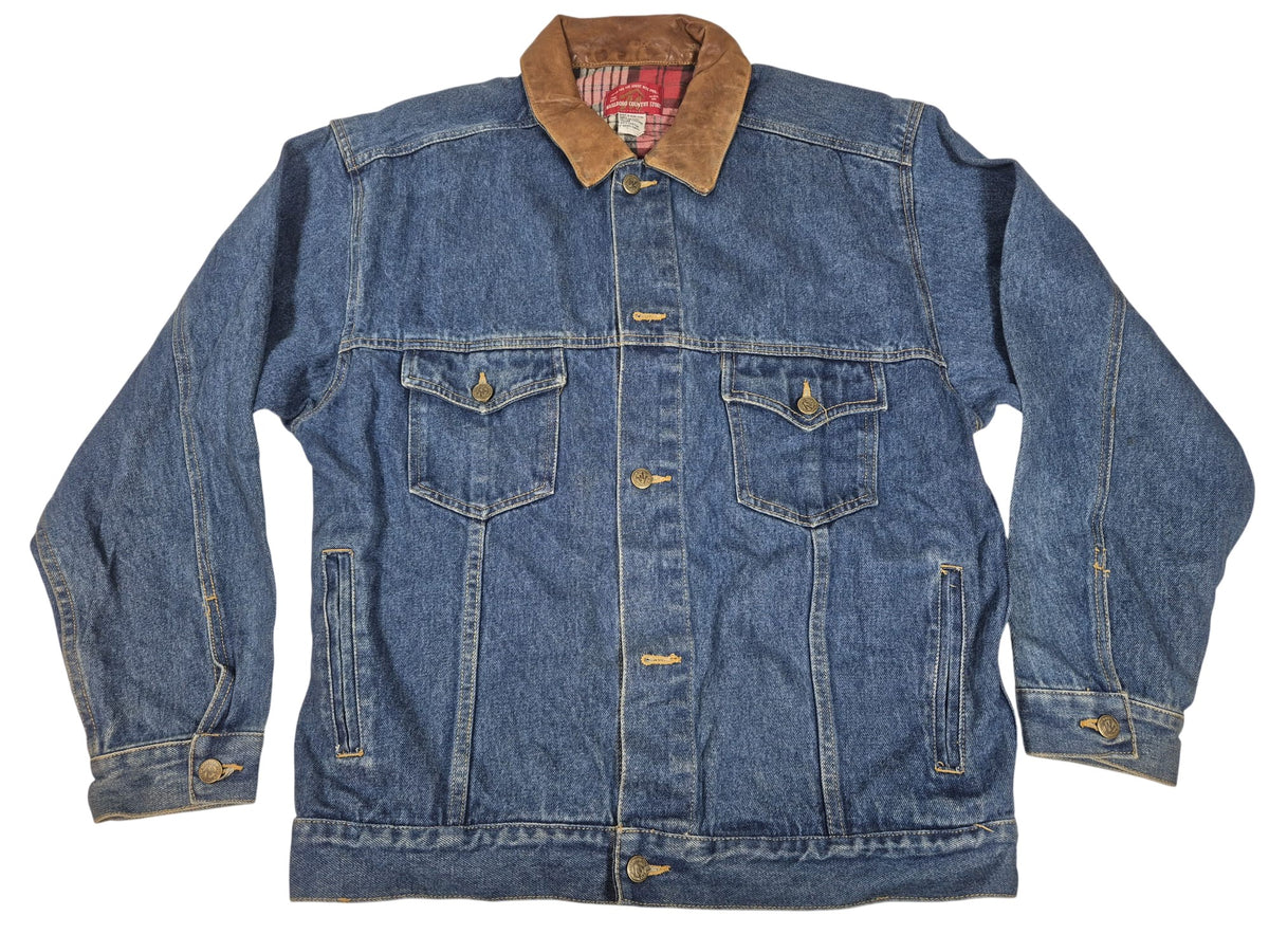 Marlboro Country Store Vintage 90s Denim Jacket Leather Collar Flannel Lined L