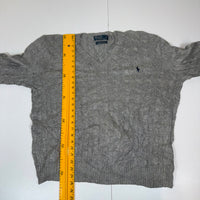 Polo Ralph Lauren Cable Knit Jumper Grey Silk V-Neck Mens Size XL