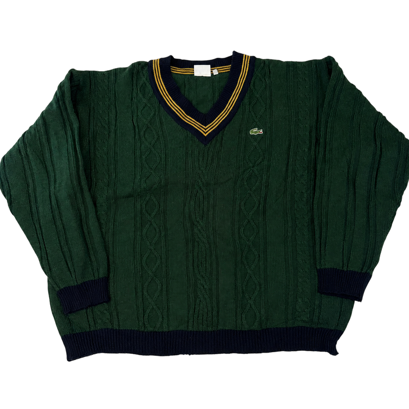 Vintage Lacoste Sport Cable Knit V Neck Jumper Green Cotton Sweater XL Size 6