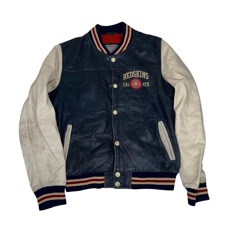 Redskins Genuine Leather Varsity Jacket Navy Cream Contrast Size M