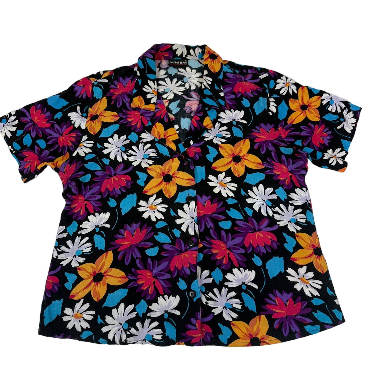 Notations Vintage 90s Floral Short Sleeve Blouse Black Multicolour Womens UK 16(L/XL)