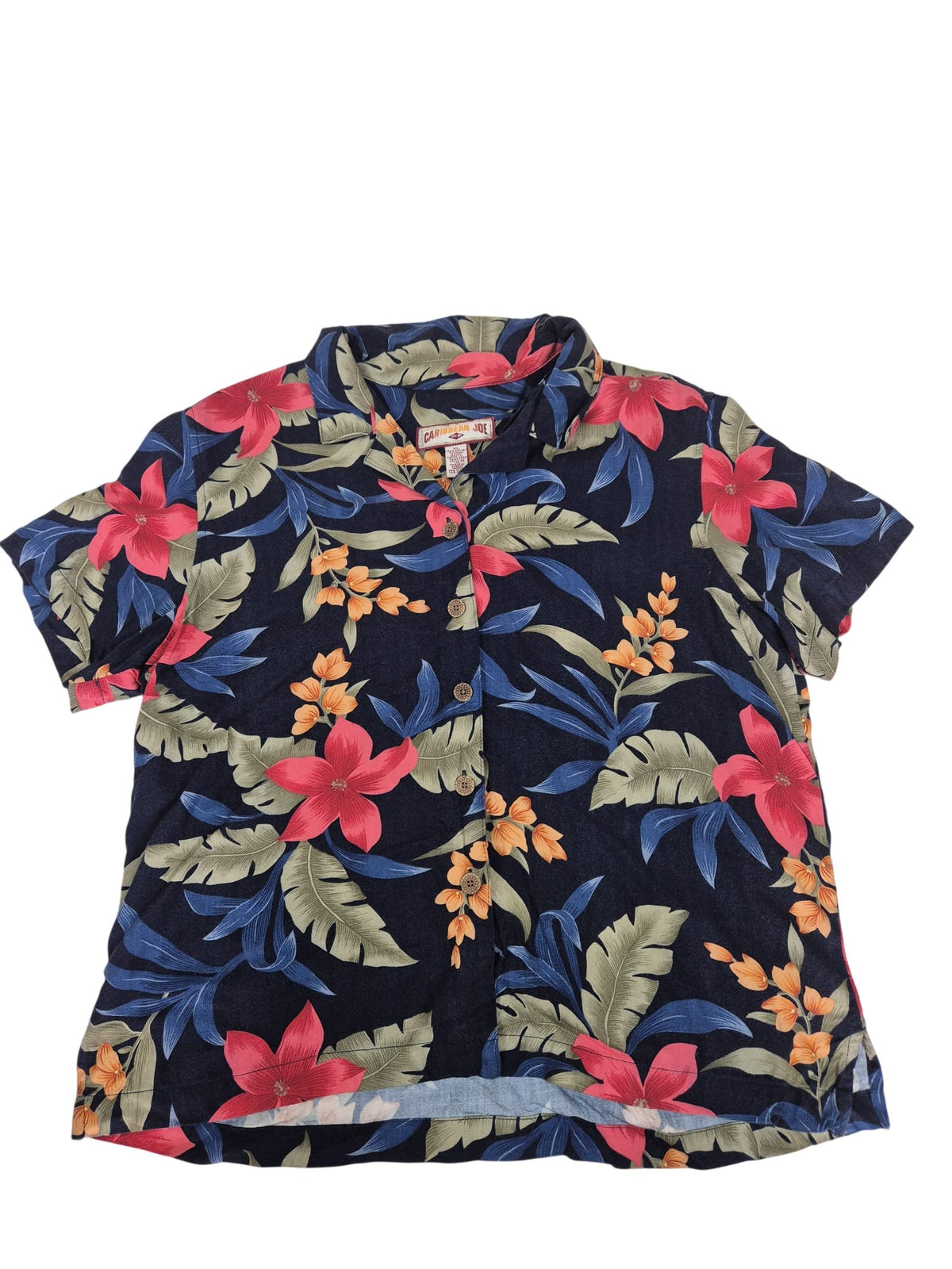 Caribbean Joe Tropical Floral Shirt Navy Rayon Button Up Size XL