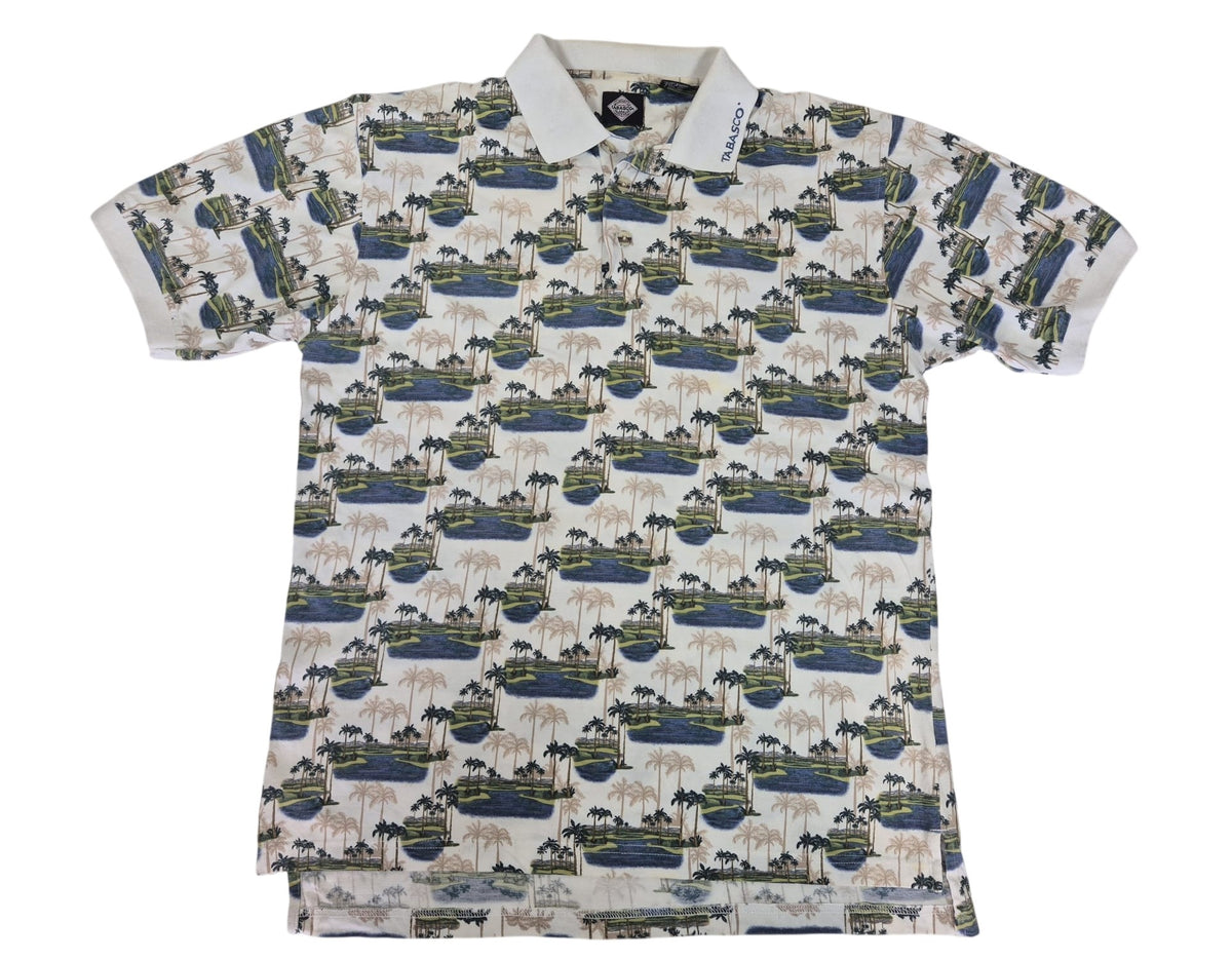 Tabasco Sportswear Polo Shirt Palm Tree Golf Print Cream Cotton Size M