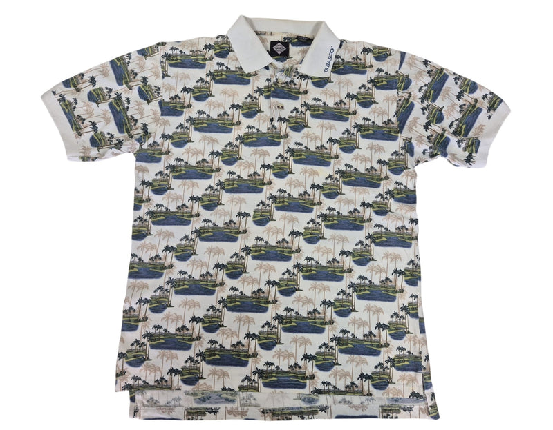 Tabasco Sportswear Polo Shirt Palm Tree Golf Print Cream Cotton Size M