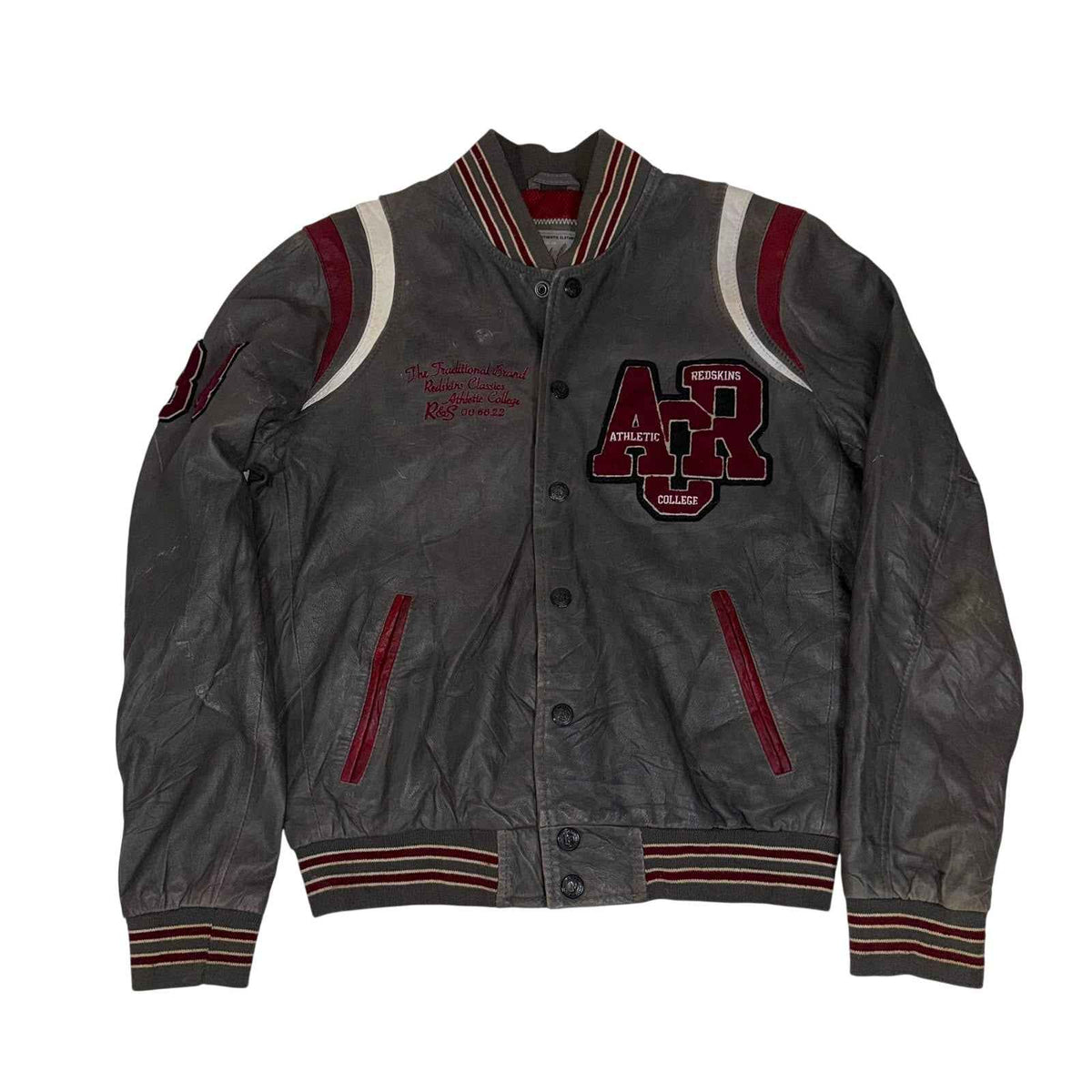 Redskins Leather Varsity Jacket Grey Burgundy College Patch Size L