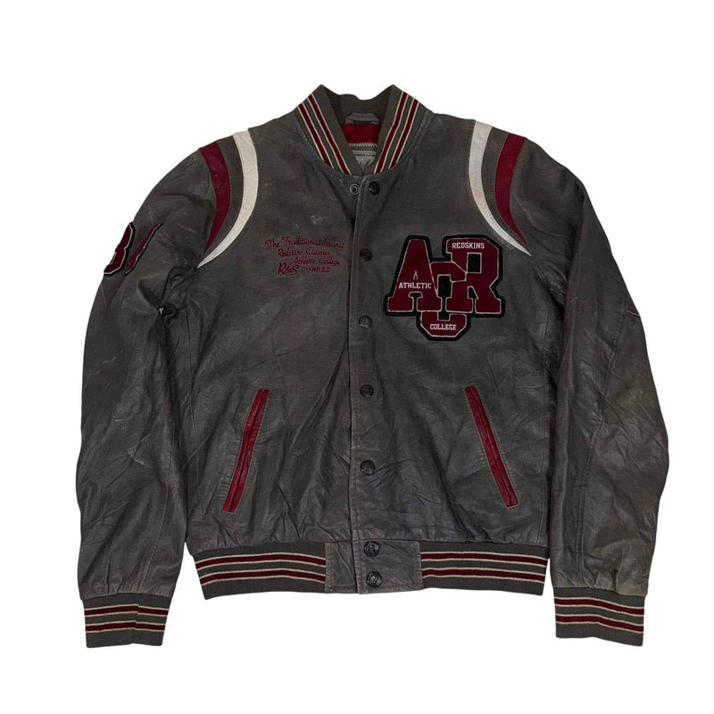 Redskins Leather Varsity Jacket Grey Burgundy College Patch Size L