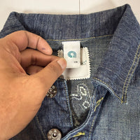 AKDMKS Cropped Denim Jacket Distressed Embroidered Dark Indigo UK 8 Y2K