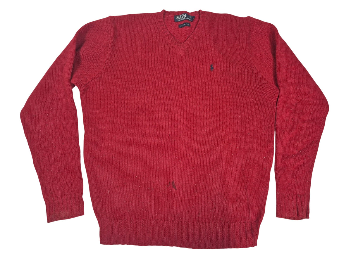 Polo Ralph Lauren Vintage 90s Lambswool V-Neck Jumper Red Navy Pony Mens Size L