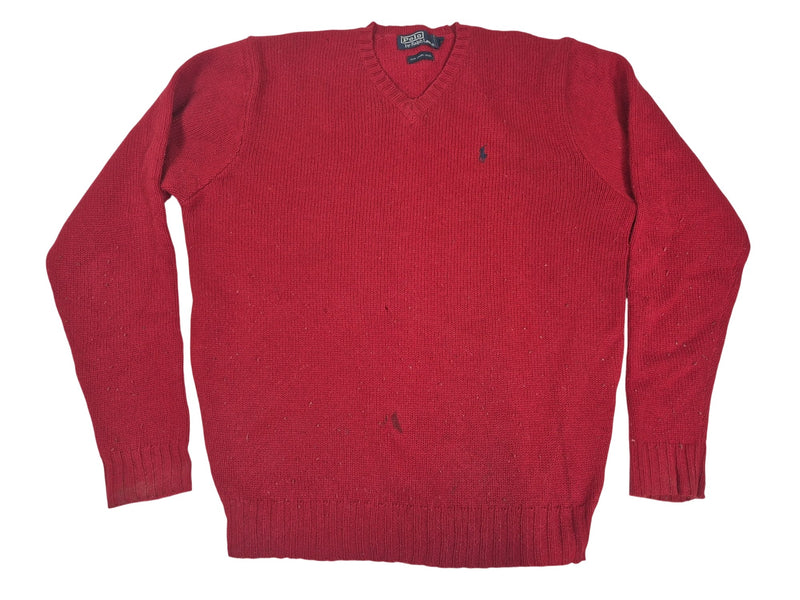 Polo Ralph Lauren Vintage 90s Lambswool V-Neck Jumper Red Navy Pony Mens Size L