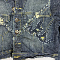 AKDMKS Cropped Denim Jacket Distressed Embroidered Dark Indigo UK 8 Y2K