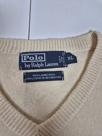 Polo Ralph Lauren Lambswool V Neck Jumper Sweater Cream Navy Pony Size XL