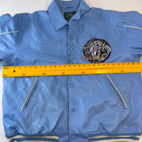 Raw Blue Faux Leather Varsity Jacket with Dragon Embroidery – Size XL