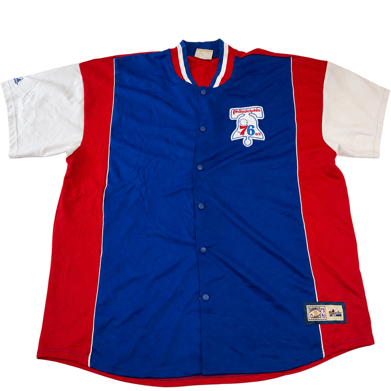 Vintage Philadelphia 76ers Hardwood Classics Majestic Snap Button Warm Up Jersey Shirt XL NBA Retro