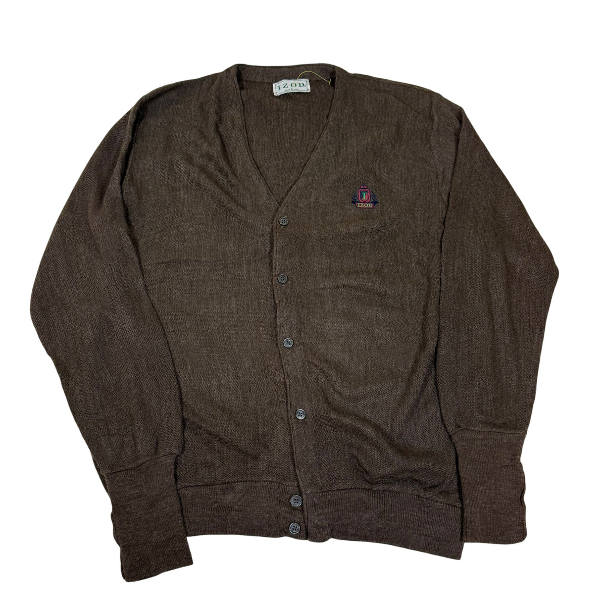 Izod Brown Acrylic V-Neck Crest Cardigan Size L Vintage 90s