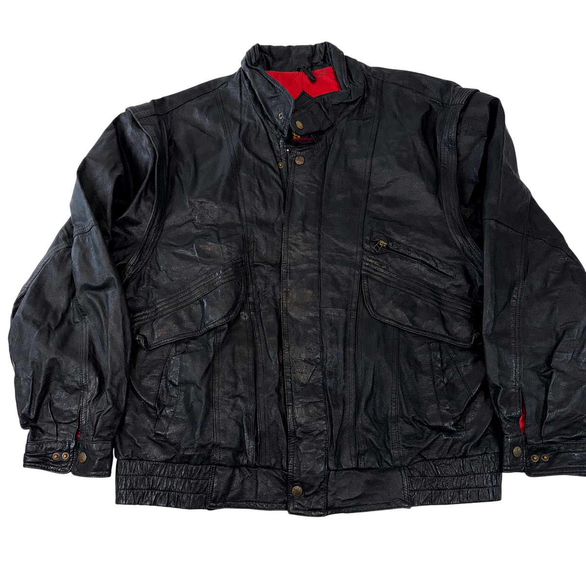 Vintage Karblurg Black Genuine Leather Bomber Jacket Mens XXL Oversized Red Lining