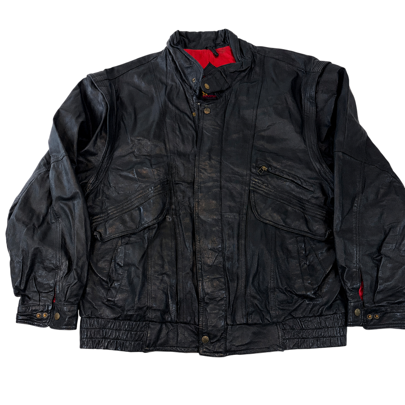 Vintage Karblurg Black Genuine Leather Bomber Jacket Mens XXL Oversized Red Lining