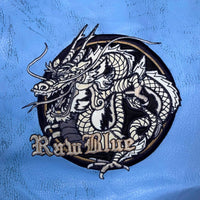 Raw Blue Faux Leather Varsity Jacket with Dragon Embroidery – Size XL