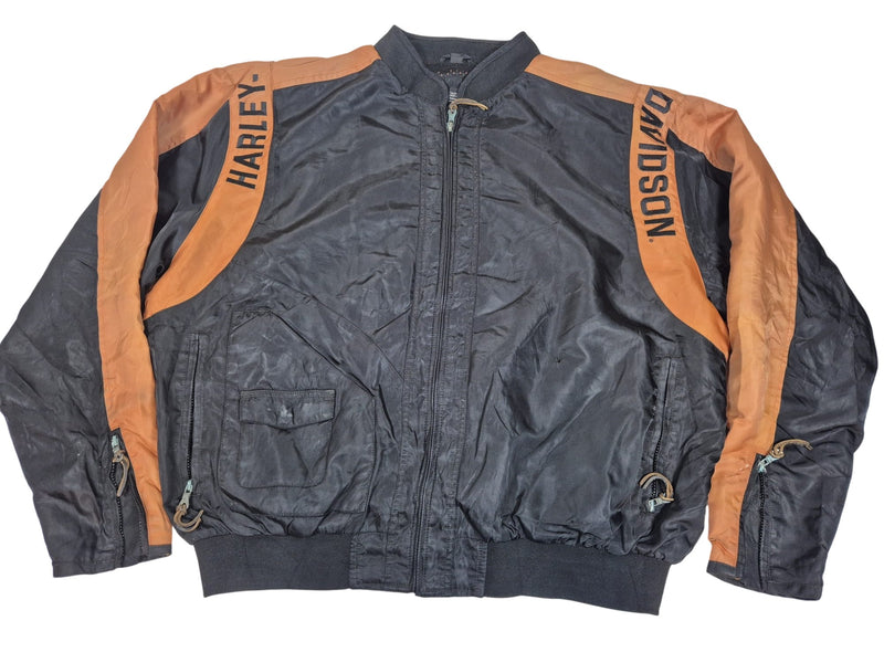 Harley-Davidson Nylon Bomber Jacket Black Orange Embroidered Bar Shield Mens 2XL