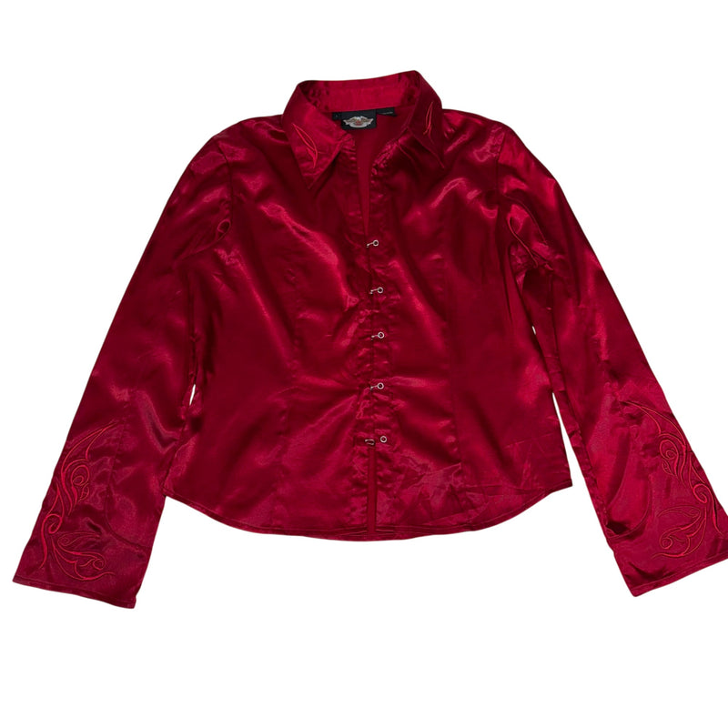 Harley-Davidson Satin Fitted Shirt Embroidered Cuffs Red Size L