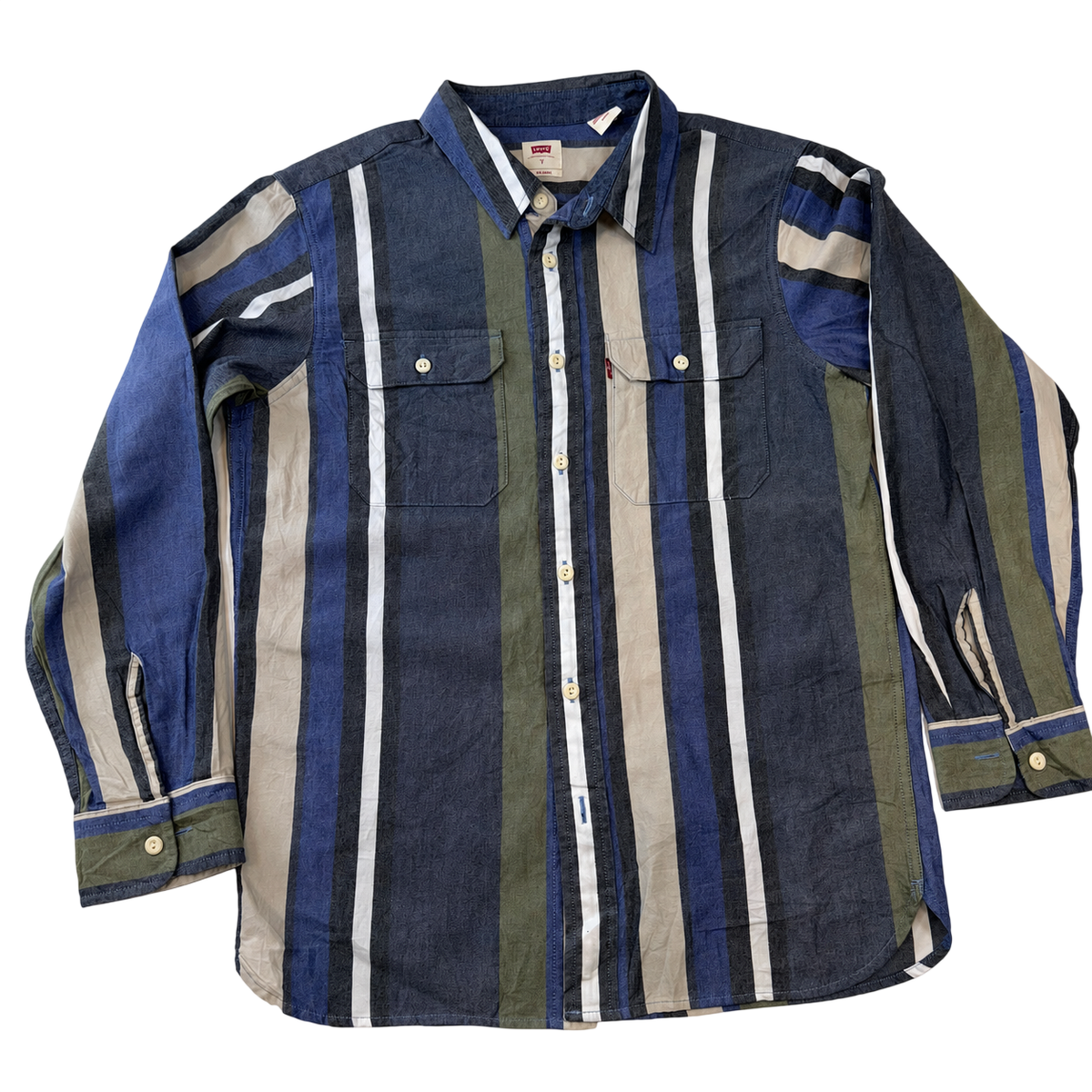 Levi’s Relaxed Fit Striped Button-Up Shirt Men’s Small Blue Green Long Sleeve Casual