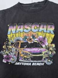 NASCAR Daytona Beach Graphic T-Shirt Floral Race Car Faded Black Size L