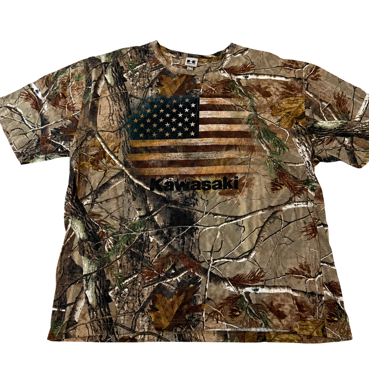 Kawasaki Realtree Camo T-Shirt XXL USA Flag Graphic Hunting Outdoor Cotton Tee