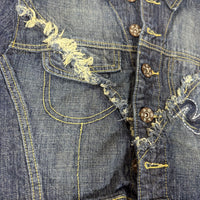 AKDMKS Cropped Denim Jacket Distressed Embroidered Dark Indigo UK 8 Y2K