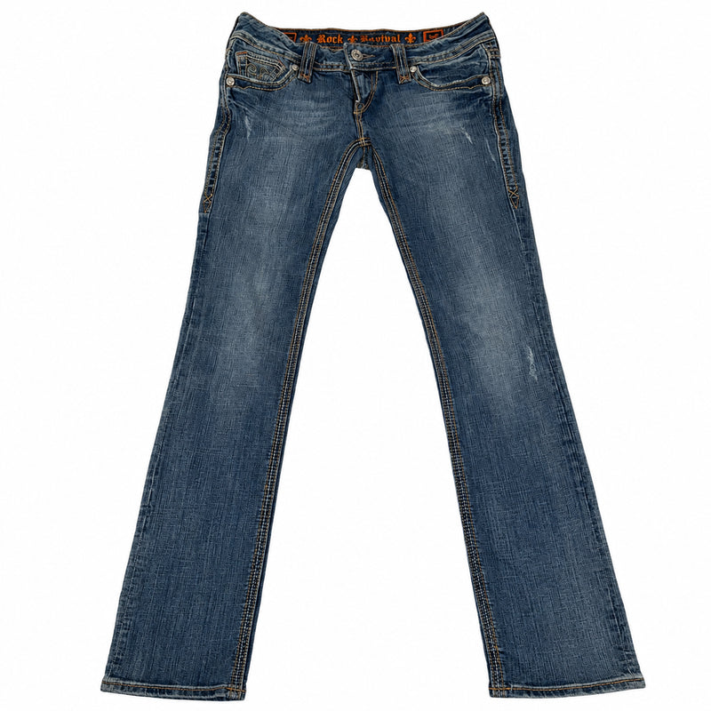 Rock Revival Debbie Embroidered Straight Jeans Blue Distressed 26