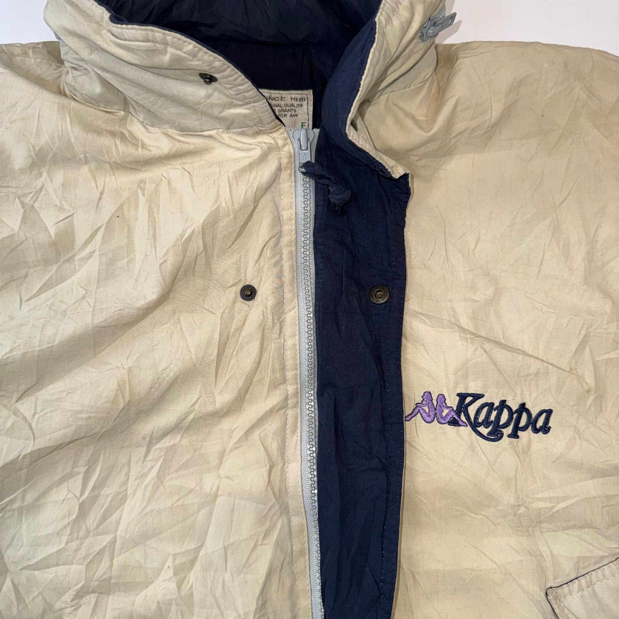 Vintage Kappa Puffer Jacket XL Beige Cream Navy Embroidered Logo 90s Y2K Oversized Coat