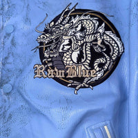 Raw Blue Faux Leather Varsity Jacket with Dragon Embroidery – Size XL