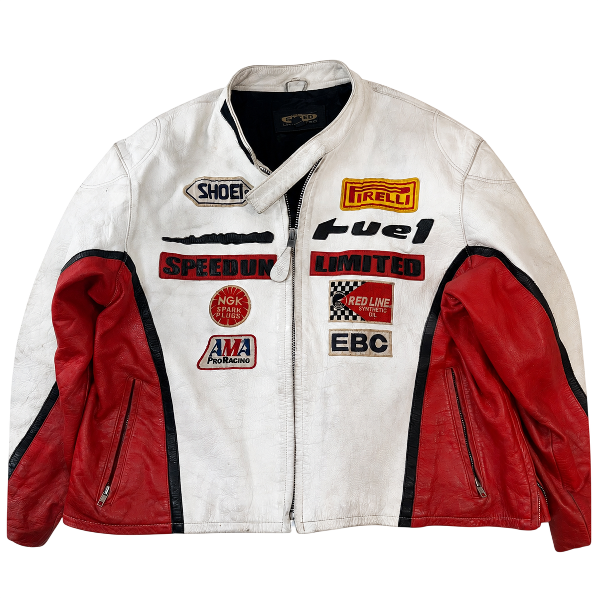 Vintage Speed Unlimited Leather Pirelli Shoei NGK AMA Motorcycle Biker Jacket