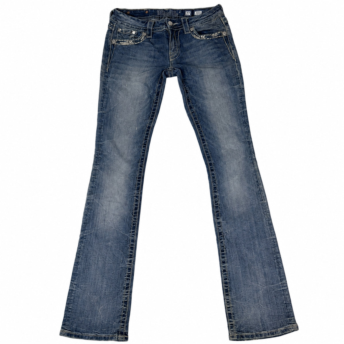Miss Me Signature Slim Boot Jeans Crystal Wing Pockets Blue Size 27 Bootcut