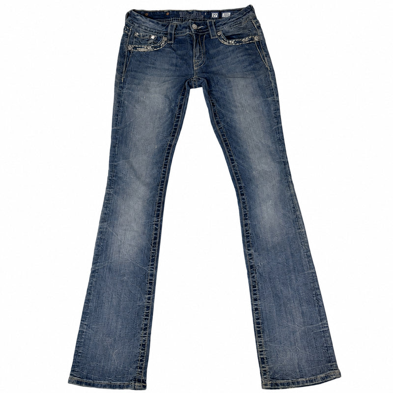 Miss Me Signature Slim Boot Jeans Crystal Wing Pockets Blue Size 27 Bootcut