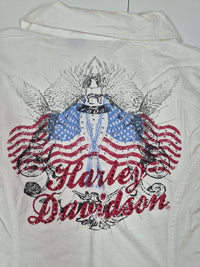Harley-Davidson Womens Sleeveless Zip Shirt Rhinestone American Flag White Size L