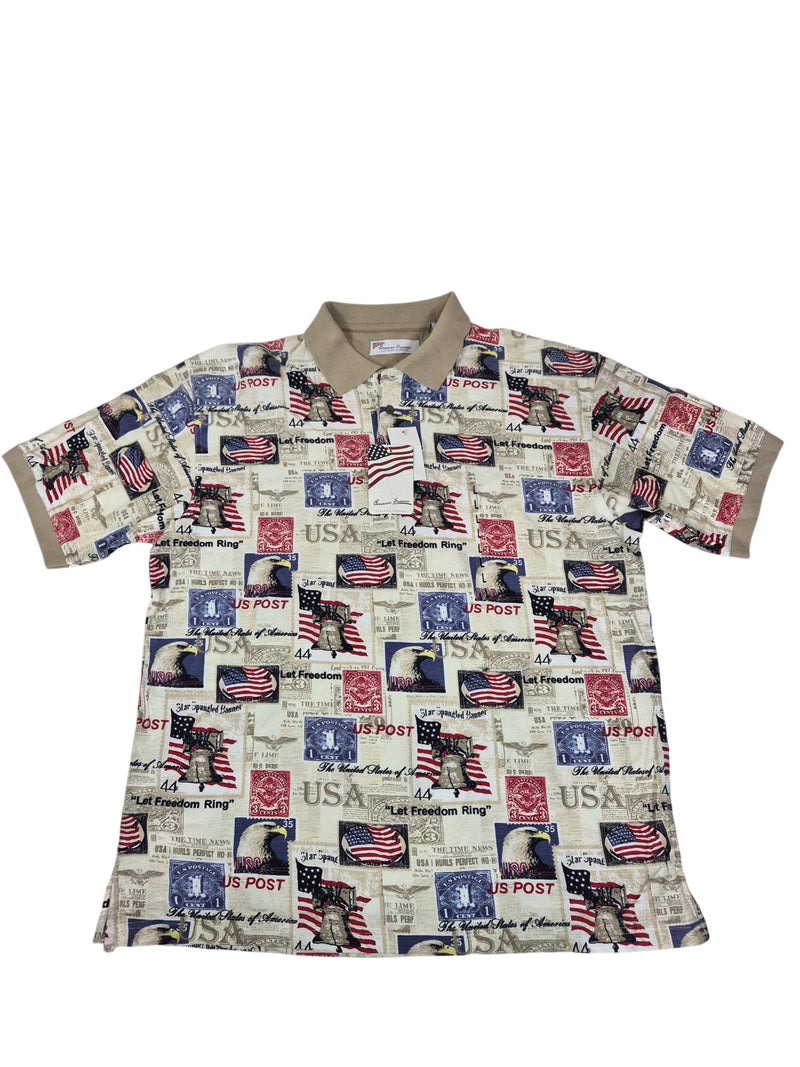 American Summer Americana Print Polo Shirt Flag Motif Size L New With Tags