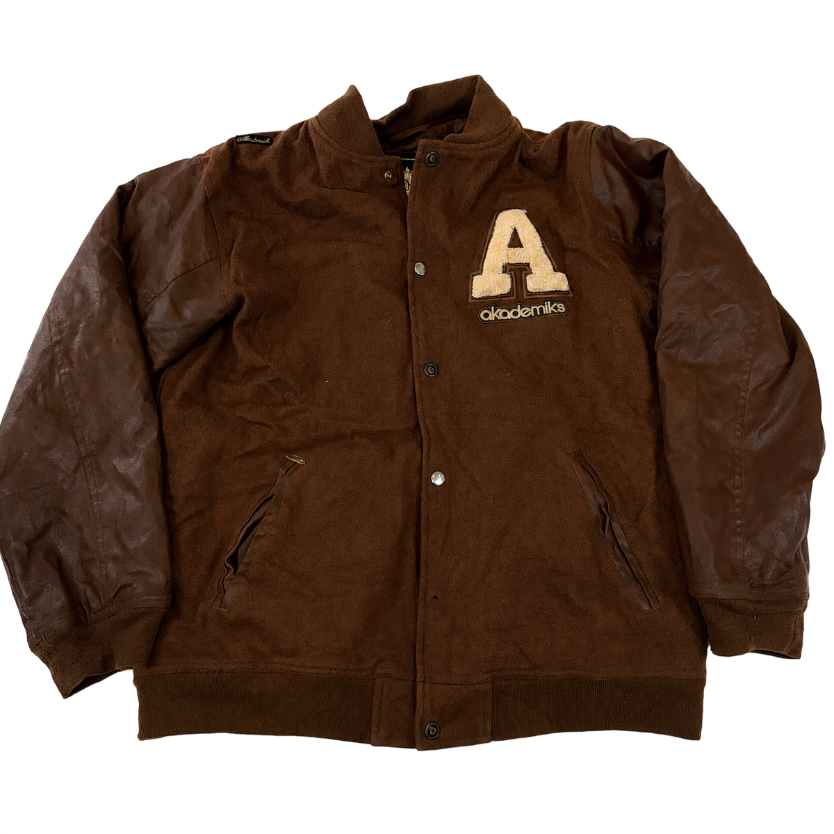 Akademiks Brown Wool & Leather Varsity Jacket Men's Large L Vintage Y2K Bomber College Jacket