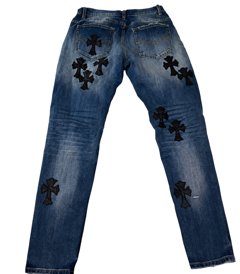 Chrome Hearts Cross Patch Jeans Blue Distressed Denim 34x30 Gothic Luxury Y2K